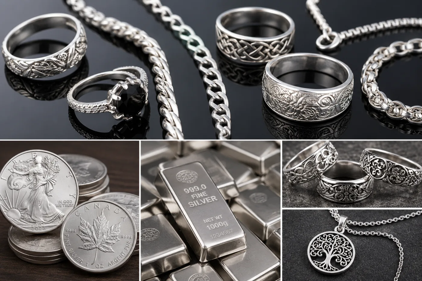 Silver jewelry, rings, chains, coins and fine silver bars