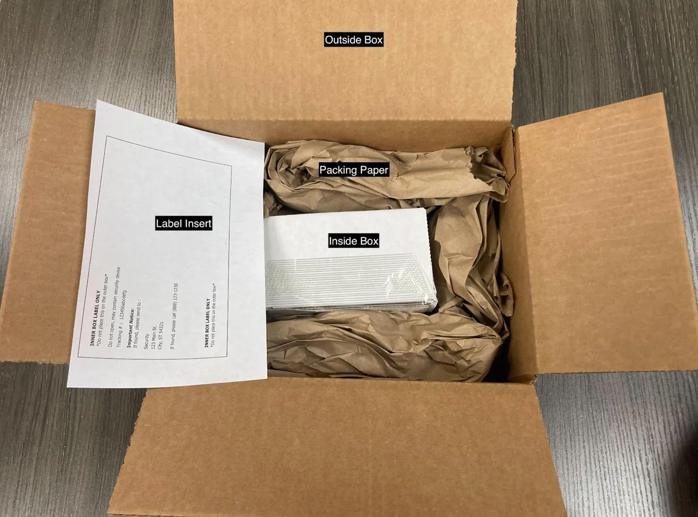 Secure mail-in shipment kit with box, packing paper and label insert